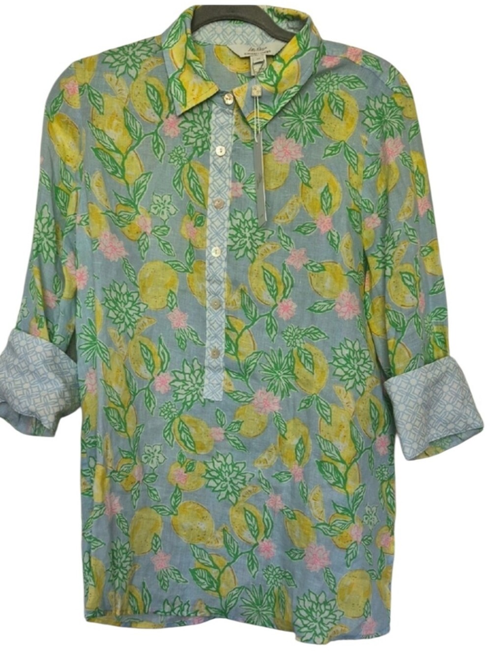 NWT Lilly Pulitzer Medium Riverlyn Pieced Print Bluette Make Lemonade 100% Linen